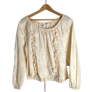 Joie Peach Eyelet Lace Boho Ruffle Blouse Tie Hem EUC Cotton Size M